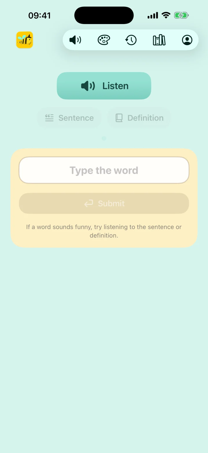 BeeSpell practice screen with Listen, Sentence, Definition, answer, and Submit controls